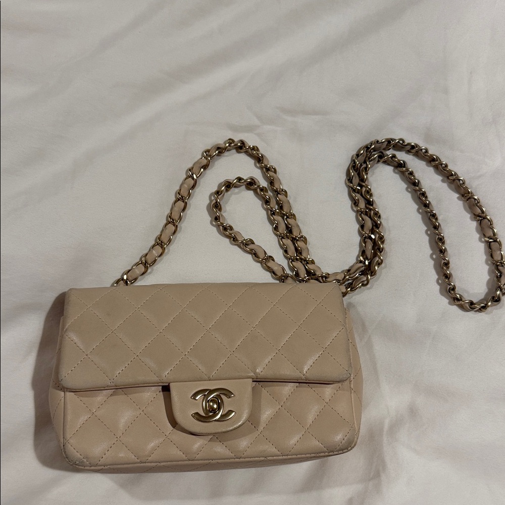 CHANEL Beige Quilted Crossbody Bag with Chain Strap